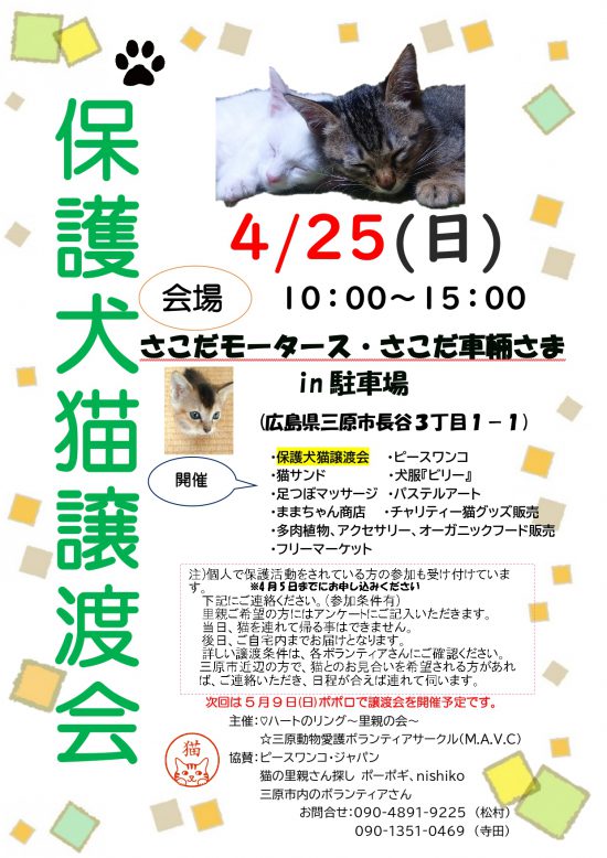 【ピースワンコの譲渡会】4/25(日)「保護犬猫譲渡会」に参加(広島) 2 739d5c88cd5cd182c74ec0bc1499582a e1619080084408
